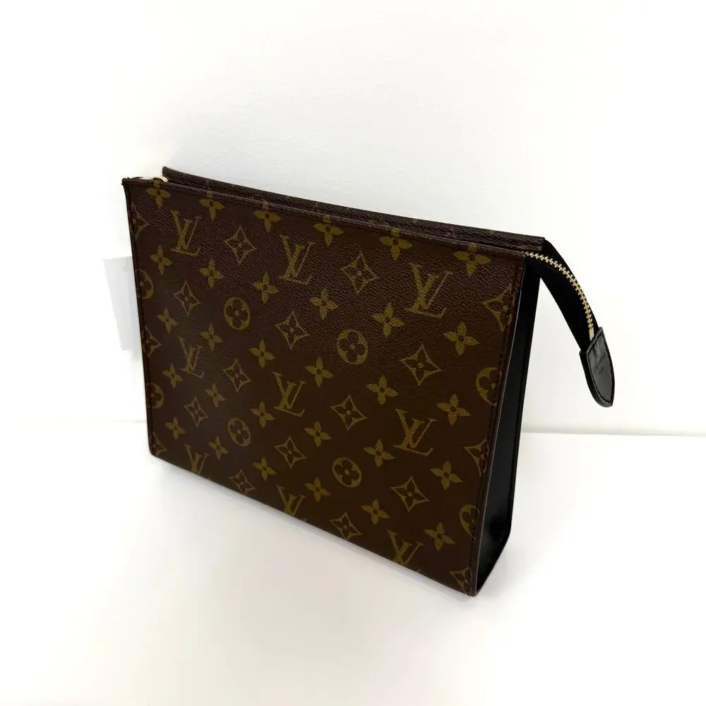 Louis Vuitton Monogram Canvas Brown Black Leather Poche Toilette Clutch Handbag